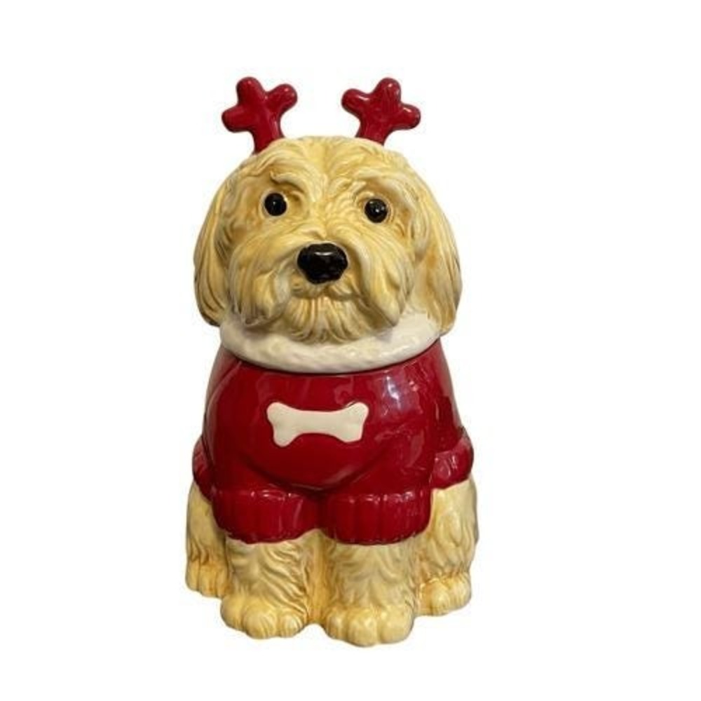 Pier 1 Imports Christmas Labradoodle Reindeer Dog Cookie Jar Red Hoodie Ceramic